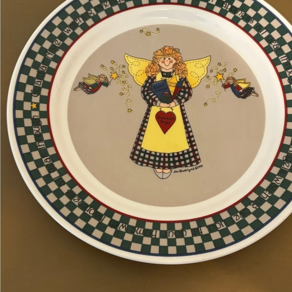 Vintage 90s Angel Motif Decorative Ceramic Dinner Plate - Yellow & Green